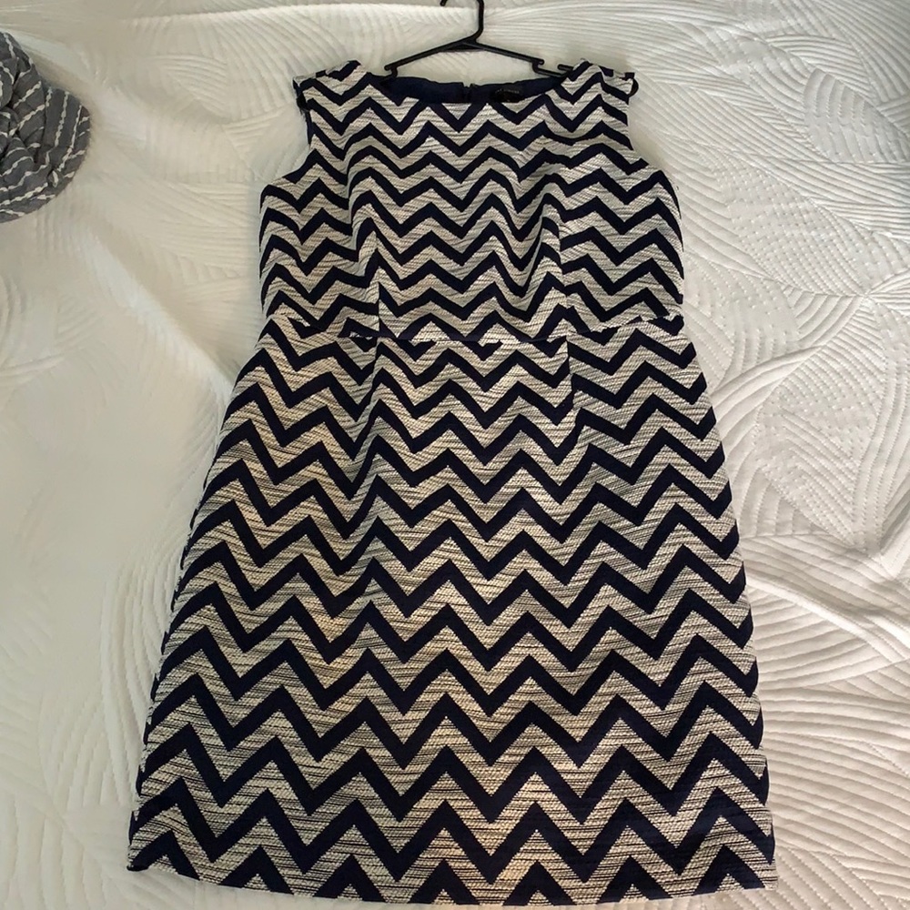 The limited fitted navy and white woven dress